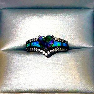 Heart Amethyst and Blue Fire Opal Sweetheart ring - Size 8 with a black band!